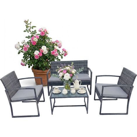 Relaxdays Gartenmöbel Set, 4-tlg. Rattan Sitzgruppe, 4 Personen, Bank, Stühle & Glastisch, Loungemöbel, outdoor, grau