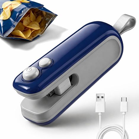 Mini Scelleuse Thermique 2 en 1 avec Cutter et Aimant, Mini Bag Sealer USB Rechargeable, Soudeuse Sac Plastique Portable pour Conservation Alimentaire Cuisine(bleu) (1/5)