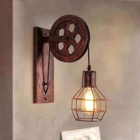 E27 Applique Murale Industrielle Poulie Vintage Suspension Métal en forme Cage Rétro Lampe de Mur Rouillé (1/3)