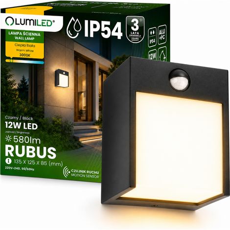 Lámpara de pared LED para jardín, aplique de fachada exterior, sensor de movimiento PIR, IP54, 12W, 3000K, Rubus Lumiled (1/5)