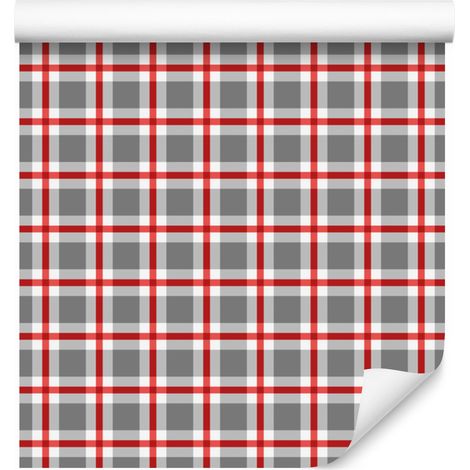 Carta da parati a quadri Vichy rossa e grigia per soggiorno e camera da letto 50x1000 cm (1/5)