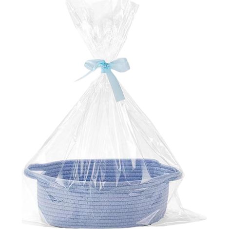 Leerer, geflochtener Geschenkkorb mit 3 durchsichtigen Beuteln und Bändern, ideal für saisonale Anlässe, blau