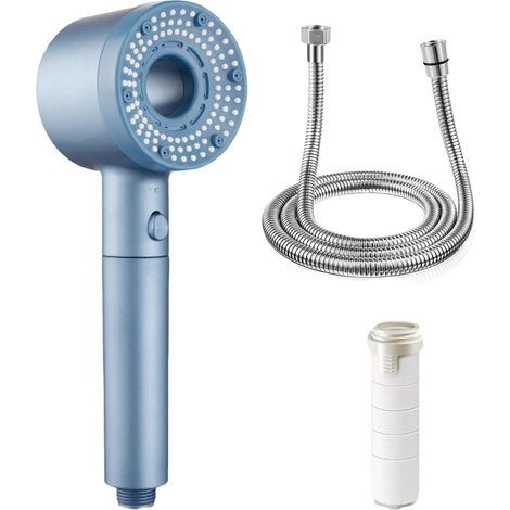 High-pressure shower head with 1.5m hose, anti-limescale shower head (with filter) blue (1/5)