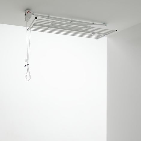Étendoir de plafond en aluminium et acier – Séchoir vertical repliable 12m – Charge max 10kg – Dimensions L.152 x P.54 x H.25cm – Foxydry