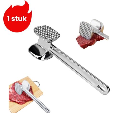 Attendrisseur de viande double face en acier inoxydable, idéal pour attendrir les steaks et préparer différents plats, couleur argent. (1/5)