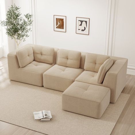 Canapé d'Angle Modulaire en Velours Côtelé Beige - Sofa en L avec Ottoman, 3 Places, Sans Montage