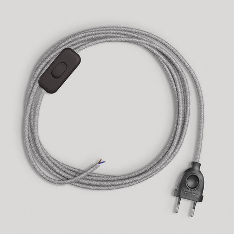 creative cables Cablaggio per Lampada, Cavo RN02 Lino Naturale Grigio 1,80 m. Scegli Il Colore dell'interuttore e della Spina. - Nero
