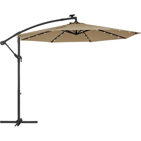 Parasol de Jardin Extérieur Déporté avec LED à Énergie Solaire, Ombrelle Ø 3 m, avec Base, Protection Solaire, avec Manivelle, UPF 50+, Terrasse, Piscine, Taupe GPU118K01 (1/5)