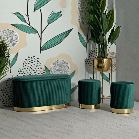 Panca Soroti, con dos taburetes, banco con almacenaje, estructura de metal, color asiento verde, 80x37x42h cm verde (1/5)