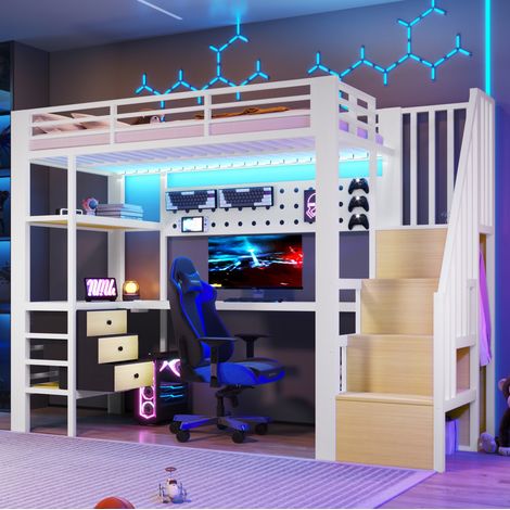 Lit mezzanine métal et MDF blanc 90x200 cm avec bureau, rangements, prise et LED, sans matelas (1/5)