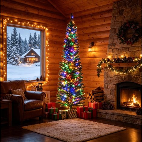 Sapin de Noël artificiel lumineux 180 cm, 390 branches et 150 LED multicolores, technologie à fibres optiques, base en acier stable, décoration intérieure verte – CHICFURN (1/5)