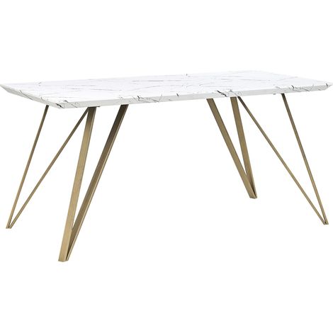 Mesa de comedor blanca con tablero de MDF dorado patas de metal 150 x 80 cm efecto mármol glamour industrial Molden (1/5)