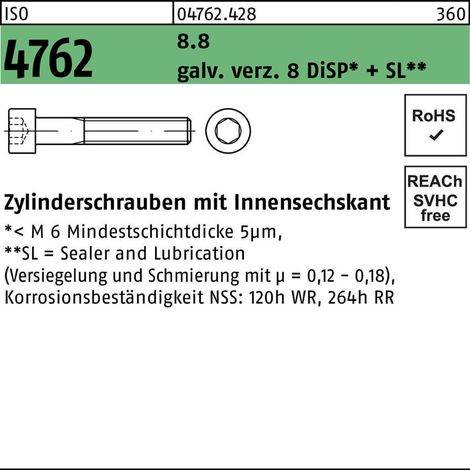ISO 4762 Zylinderkopf-Schaftschraube 8.8 M 5 x 22 gal Zn DiSP + SL gal ZnDi 500 Stk