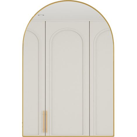 Mueble espejo arqueado con estructura metálica y estantes de vidrio, dorado, 91 x 61 x 12 cm (1/5)