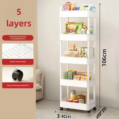 Rollbares Aufbewahrungsregal für Küche, Schlafzimmer, Boden, mehrstufig, mobil für Baby-Snacks, Badezimmer, Toilette (weiß, 5 Ebenen)