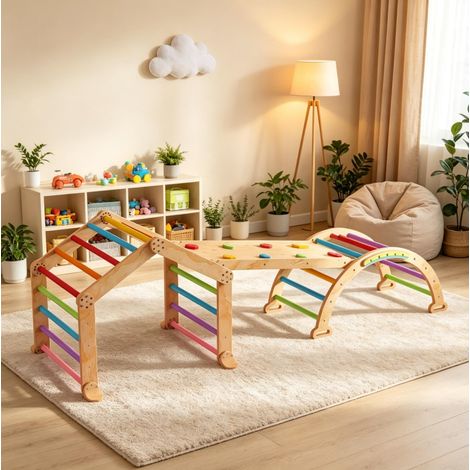 Triangle d’escalade enfant 114x48x18 cm en bois multicolore, gain de place pour chambre FloraGrace (1/5)