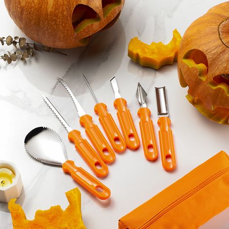 Kit para tallar calabazas WmcyWell, herramientas y decoraciones de Halloween: cuchillo de acero inoxidable, calabazas, regalo ideal, naranja, 7 piezas (1/5)