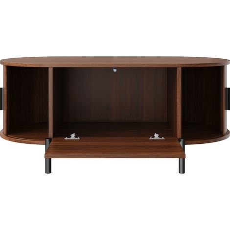 Table basse ovale avec rotin, portes coulissantes, aspect bois, pieds en métal, table de salon multifonction avec rangement (1/5)