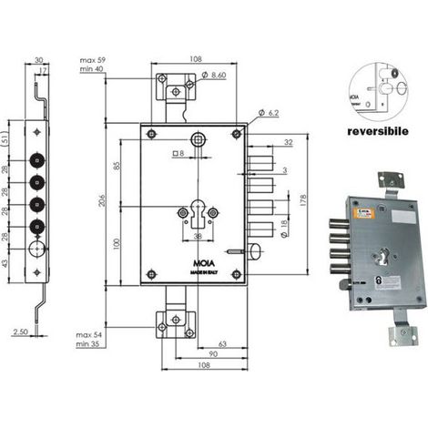 Serratura Blindata Moia E63 con Cilindro Triplice, Rce664/280, Sicurezza Elevata con 4 Catenacci