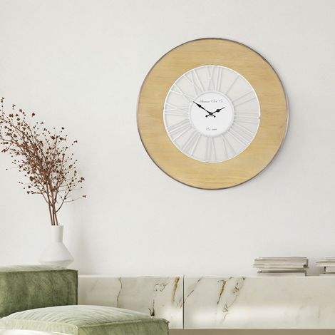 WOMO-DESIGN Grande Horloge Murale XXL Alfheim Ronde Ø85 cm Blanc-Nature, en Bois-Métal, Style Vintage, Décoration Rétro, Chiffres Romains, Mouvement Silencieux, pour Salon Cuisine Salle à Manger (1/5)