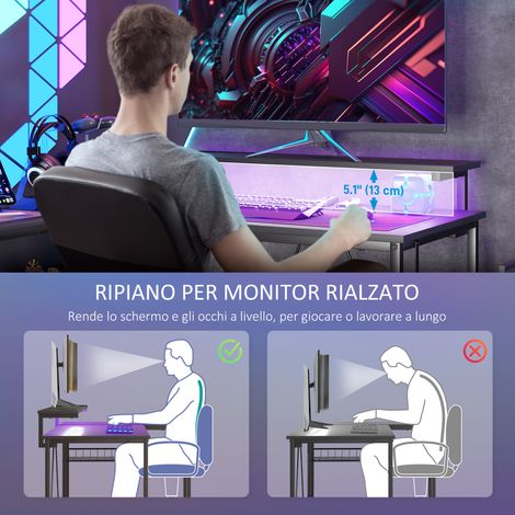 Bureau d'angle noir réversible avec éclairage LED, prises secteur, ports USB, étagères et support d'écran (1/5)