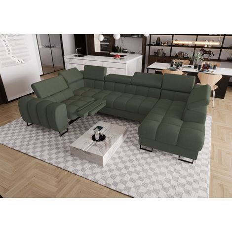 Wohnlandschaft Schlafsofa BASTIEN RELAX in Stoff Gemma Dunkelgrün Ottomane Rechts