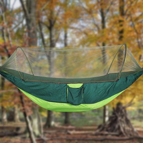 Hamac de voyage portable double pour camping, lit suspendu avec moustiquaire (vert) (1/5)