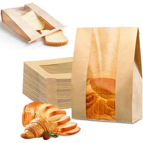 Confezione da 50 sacchetti per il pane di grandi dimensioni, 21 x 9 x 35 cm, realizzati in carta kraft con finestra e chiusura con laccetto metallico, ideali per confezionare pane a lievitazione natur