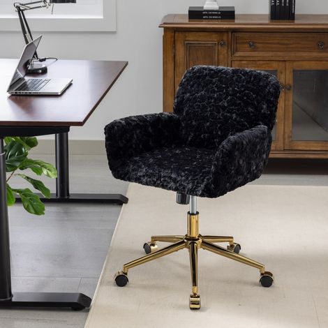 Dewalt –Fluffy Faux Rabbit Hair Vanity Desk Chair, Black Adjustable Height 360° Swivel Home Office Chair with Armrest, Golden Metal Rolling Base Comfy Accent Makeup Chair for Bedroom Study,DE1831BK (1/5)