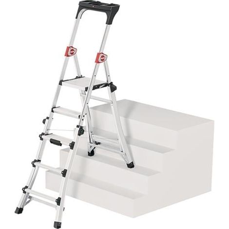 Hailo – Échelle télescopique 3-5 marches en aluminium anodisé – Hauteur réglable 1430-1900mm – Charge maximale 150kg – Plateforme extra-large 299x275mm (1/4)