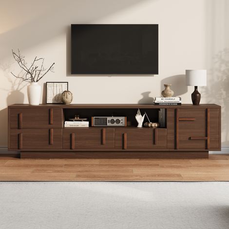 Meuble TV bas 180x40x45 cm en MDF avec 4 tiroirs, 1 porte et 2 niches ouvertes, meuble télévision pour TV jusqu'à 75 pouces, design moderne - Noyer (1/5)