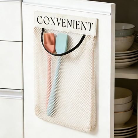 Lot de 2 - Sac de rangement - Distributeur de sacs - Fixation murale adhésive - Pour cuisine et armoire - Beige - 30x20cm (1/5)