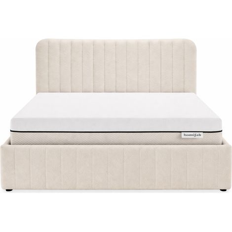 Ensemble Lit coffre adulte 140x190cm avec tête de lit en tissu bouclé beige - Ava + Matelas ressorts ensachés - Spring Elite (1/5)
