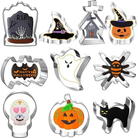 Emporte-pièces d'Halloween, 10pcs Emporte Piece en Acier Inoxydable Forme de Citrouilles Chauve-Souris Fantômes pour Décorations de Fête d'Halloween (1/5)
