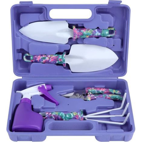 5 Pièces Outils de Jardinage avec Boîte de Rangement avec Transplantoirs Ciseaux Herse Anti-Rouille Pulvérisateur(Violet) (1/5)