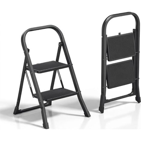 Scala Scaletta 2 Gradini Pieghevole Black Mini Plus Nero con Piedini Antiscivolo, Struttura in Acciaio, Leggera, Multiuso, Certificata EN14183 Portata 150Kg