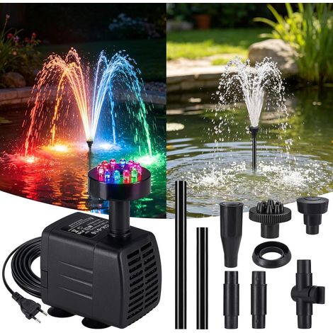 Pompe Fontaine Aquarium LED RGB 800L/H Silencieuse, Pompe Submersible 16W avec 3 Buses et Éclairage Multicolore, Débit Réglable pour Aquarium, Bassin, Fontaine, Étang (1/5)