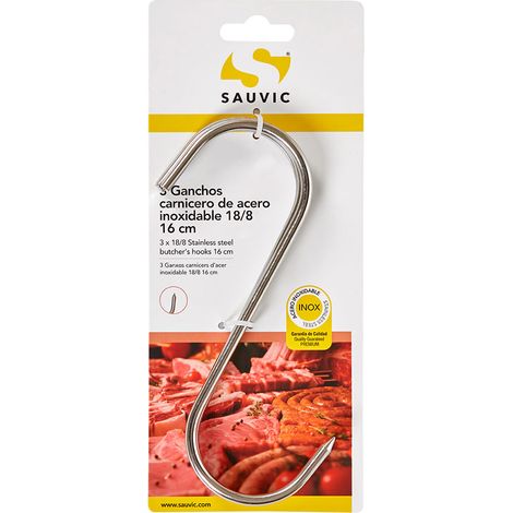 Confezione blister da 3 ganci da macellaio, lunghi 16 cm e spessi 5 mm, realizzati in acciaio inox 18/8.