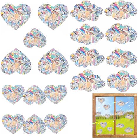 19 pegatinas de arcoíris para ventanas con forma de nube y corazón, lámina decorativa 3D, adherencia estática sin pegamento, protección anticolisión para cocina, comedor y dormitorio (1/5)