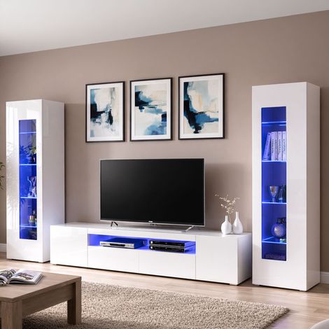 Dmora Sistema modular de pared para salón, Made in Italy, mueble para TV y muebles altos, Conjunto de salón moderno, 300x40h162 cm, Color blanco brillante, con luz LED azul, con embalaje reforzado (1/5)