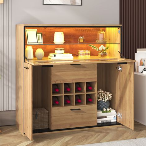 Aparador botellero elegante con puertas dobles y estantes de cristal madera color natural (1/5)