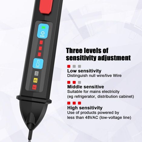 Détecteur de Tension sans Contact, Stylo Testeur de Courant Sensibilité Réglable avec Écran LCD& LED Lampe de Poche Alarme Bip Double Portée 12V-1000V/48V-1000V Test de Fil Phase/Neutre