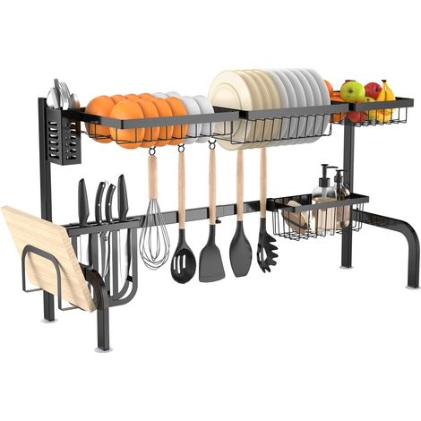 Goplus – Égouttoir à vaisselle 2 étages en acier inoxydable – Longueur réglable 58-98,5 cm – Ventouses antidérapantes – Rangement avec 8 accessoires (1/3)