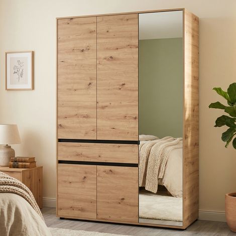 Armario Ilbono de 3 puertas, ropero para dormitorio con barra, un cajón, 5 estantes, 138x55 cm, roble marrón nudoso (1/5)