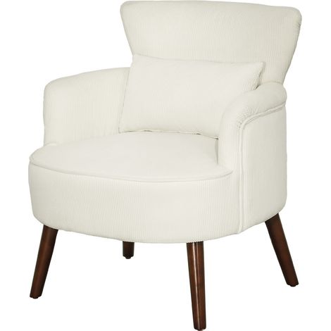 Sessel mit Rückenlehne, abgerundeten Armlehnen, Gepolstert Loungesessel mit Kordoptik, Holzbeine, für Schlafzimmer, Wohnzimmer, bis 120 kg, Cremeweiß
