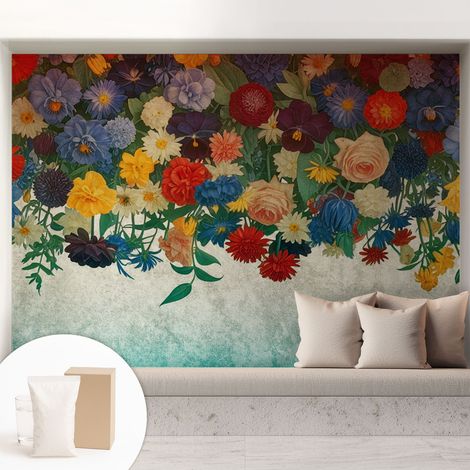 Tapete Vliestapete mit Kleber - abwaschbar - Tapete mit Motiv - trendige Wanddeko - elegant Fototapete Bunte Blumen 208x146 cm (1/5)
