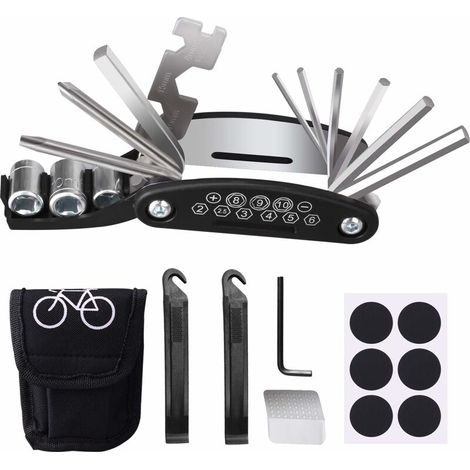 Trousse d'outils de vélo, 16 en 1 Ensemble Outils Réparer pour Vélos Réparation, Kit Réparation Vélo Pneu Outil Multifonctions pour Bicyclette Trotinette Moto, avec Patch et Leviers de Pneu (1/5)