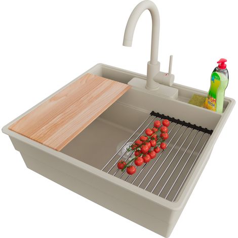 PRIMAGRAN Evier Cuisine en Granit 58x53cm,Lavabo 1 bac + Robinet 32x20cm + Kit de Vidage + Accessoires, Évier à Encastrer au meuble 60cm - New York, Beige (1/5)