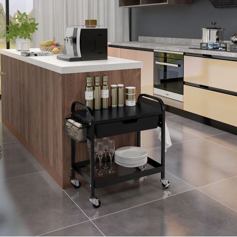 MEUBLIV Chariot de cuisine 61x32,6x58,5 cm noir – 1 tiroir, roulettes freinées (1/5)