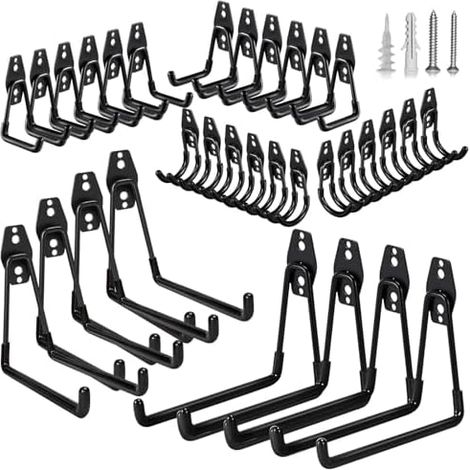 Kit 32 Crochets Rangement Garage Acier Robuste Support Mural Universel Vélos, Échelles, Outils Jardin Pack Gain de Place, Charge Lourde & Antidérapant Noir - Lot noir (1/5)